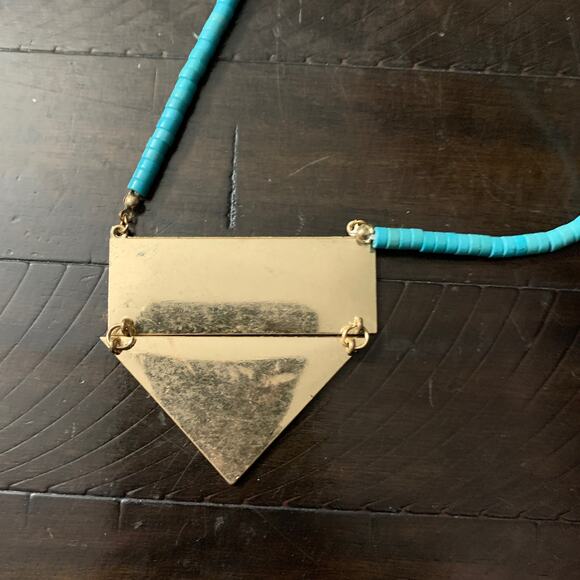 Teal Wooden Bead Necklace Hammered Gold Colored Charm - Picture 4 of 5